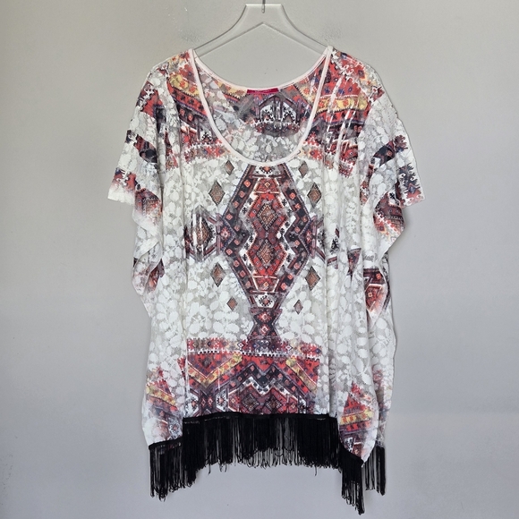 Western Boho Lightweight Poncho Top Swim Beach Coverup with Fringe O/S - Picture 1 of 7